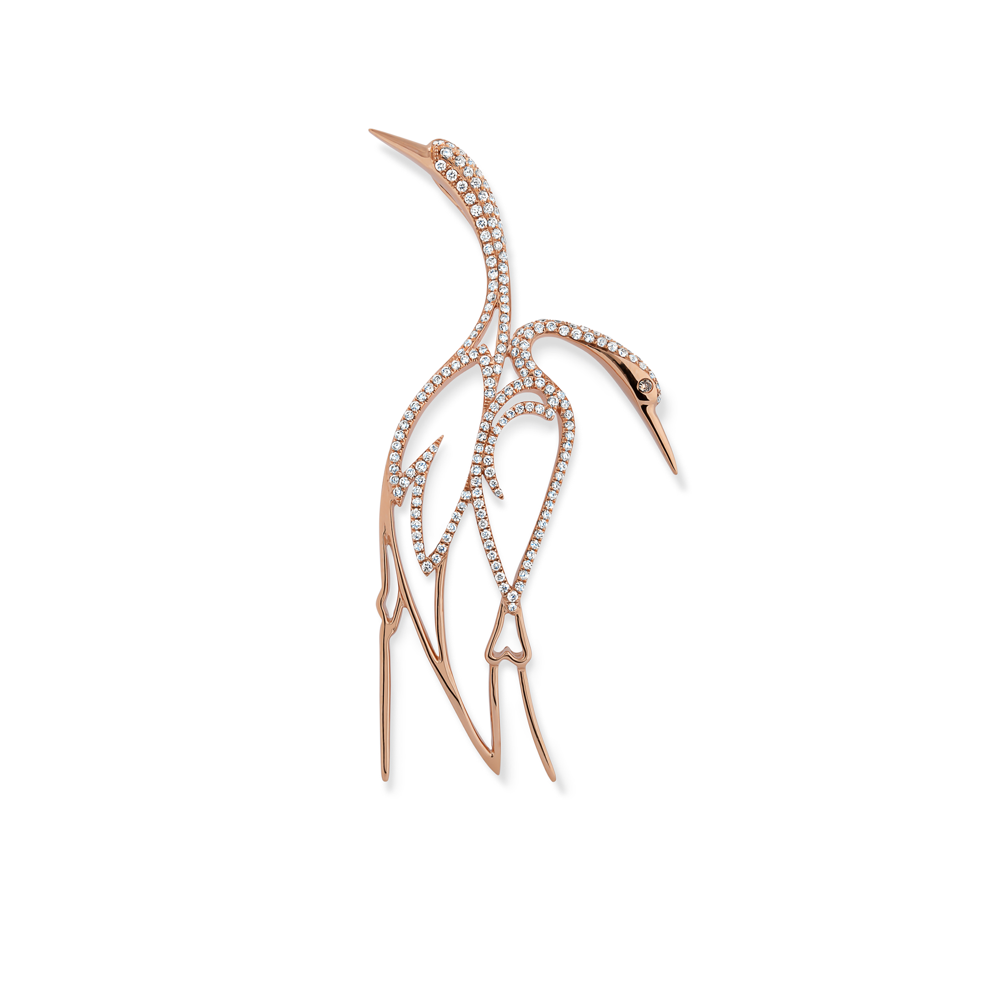 Oliver Heemeyer Crane diamond brooch made of 18k rose gold.