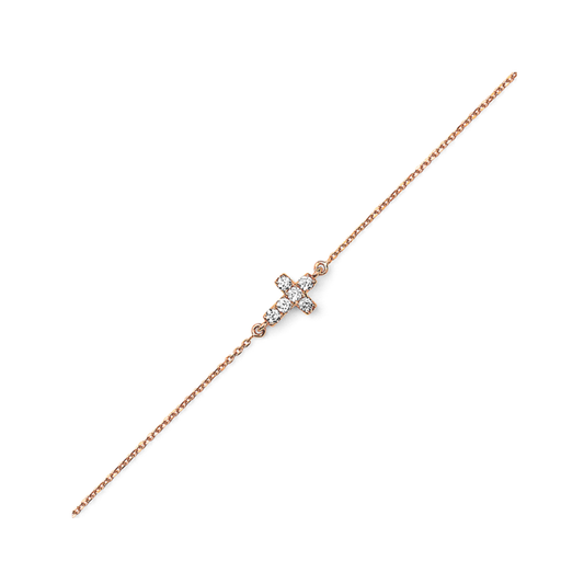 Oliver Heemeyer Mini Diamond Cross Bracelet in 18k rose gold. Close up.