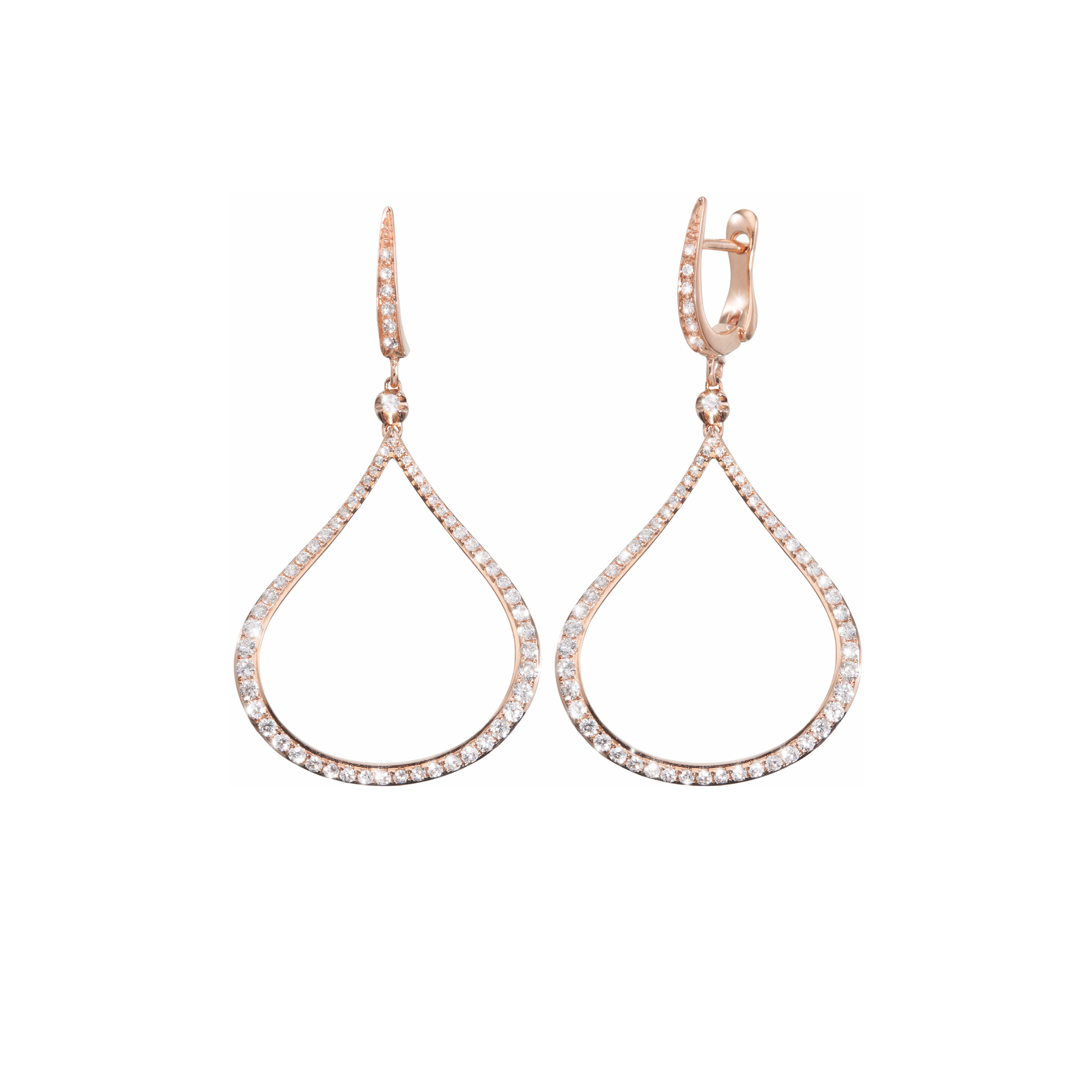 The Oliver Heemeyer Splash earrings are made of 18k rose gold. Set with diamonds, finished off with a single diamond on its top and dangling on a golden u-shape mini hoop.