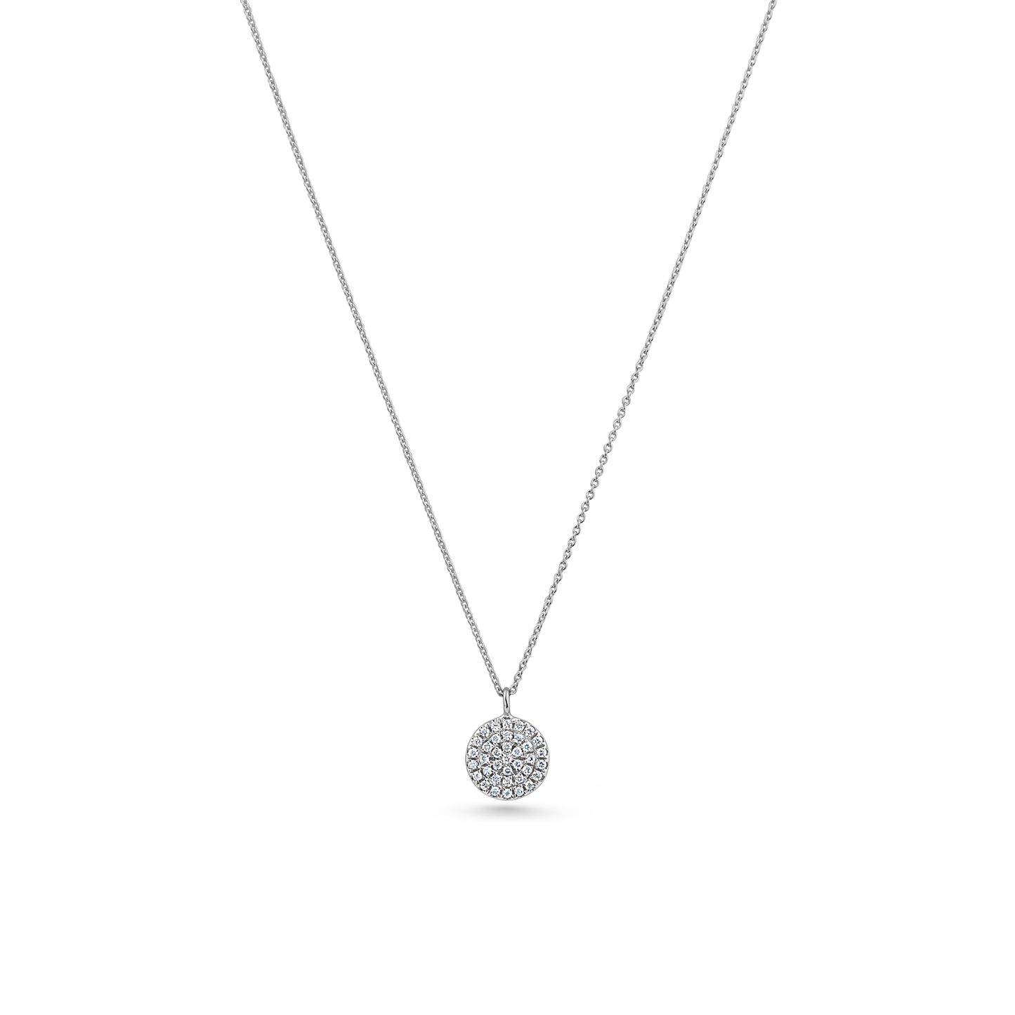 Oliver Heemeyer round tag diamond pendant made of 18k white gold. Pendant on a chain.