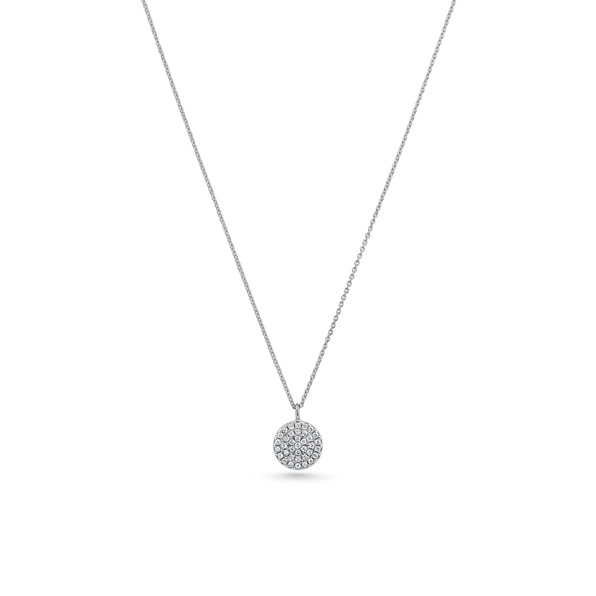 Oliver Heemeyer round tag diamond pendant made of 18k white gold. Pendant on a chain.