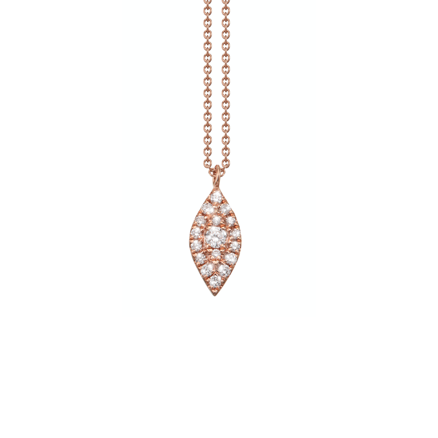 Oliver Heemeyer Mia diamond pendant made of 18k rose gold crafted with a larger centered diamond surrounded by 17 smaller diamonds.