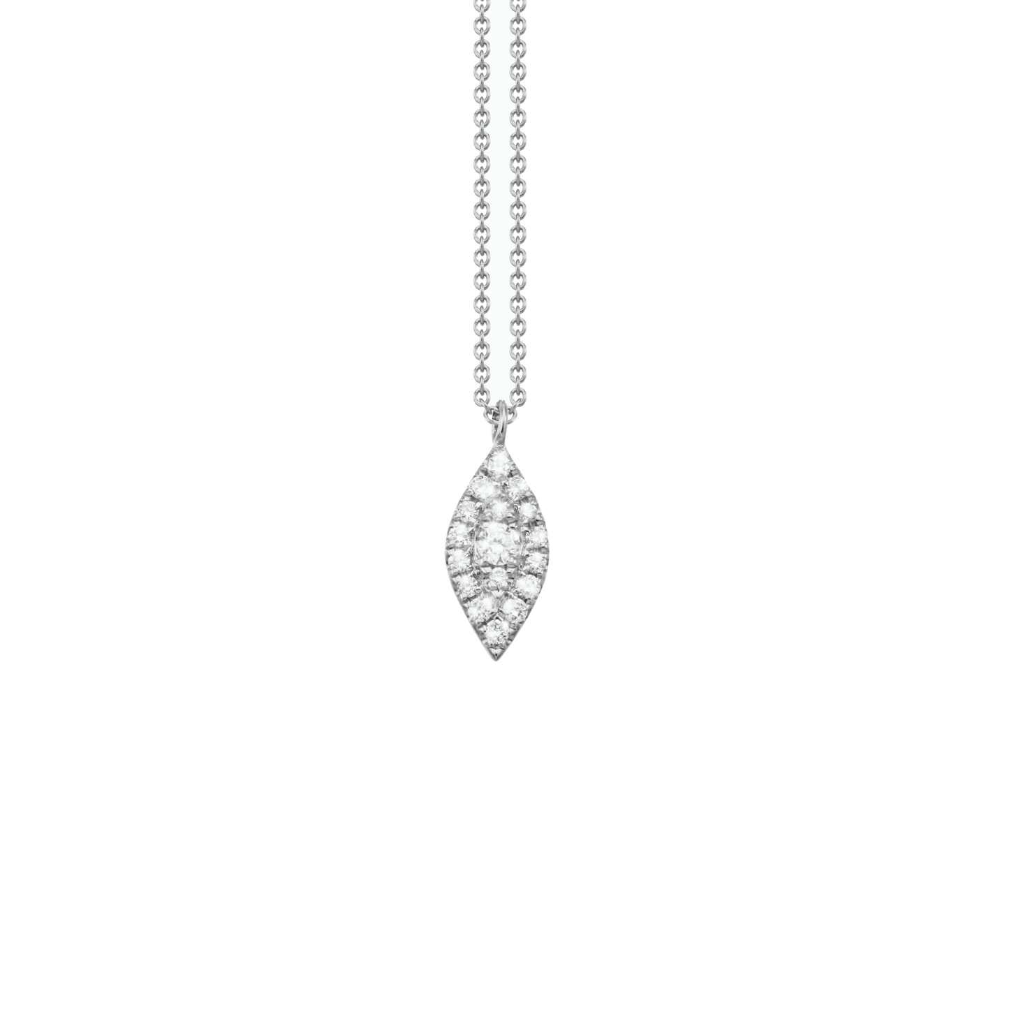 Oliver Heemeyer Mia diamond pendant made of 18k white gold crafted with a larger centered diamond surrounded by 17 smaller diamonds.